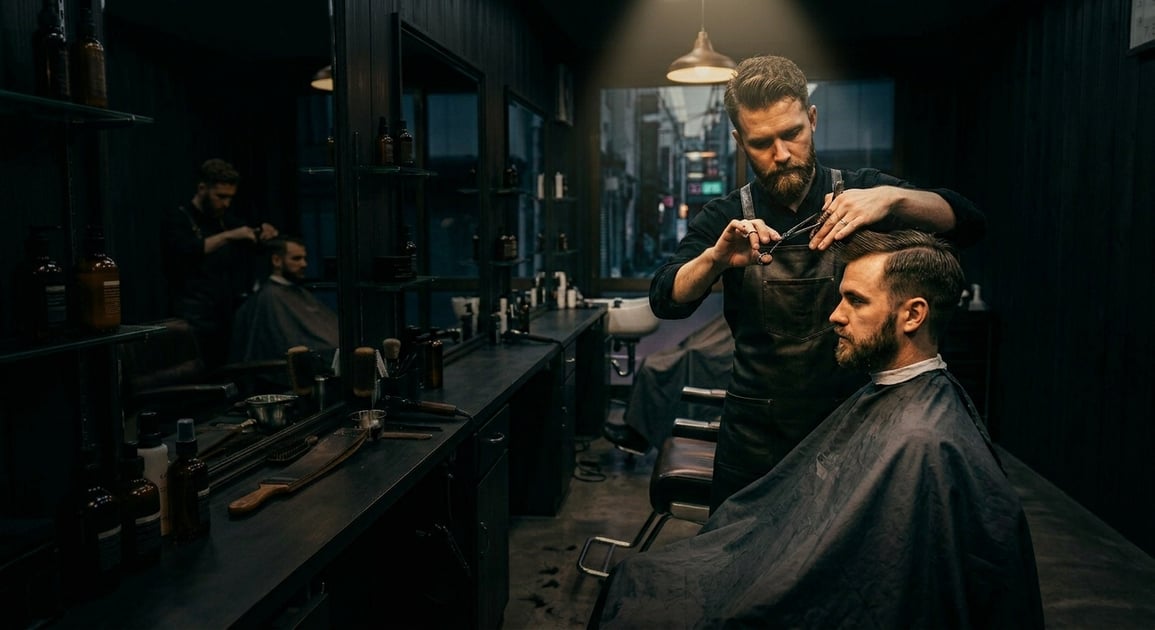 Professional barber cutting with Japanese scissors